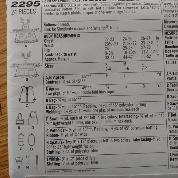 Child's Apron Play Kitchen Baking Toys Sewing Pattern Simplicity 2295 UNCUT - Picture 9 of 11